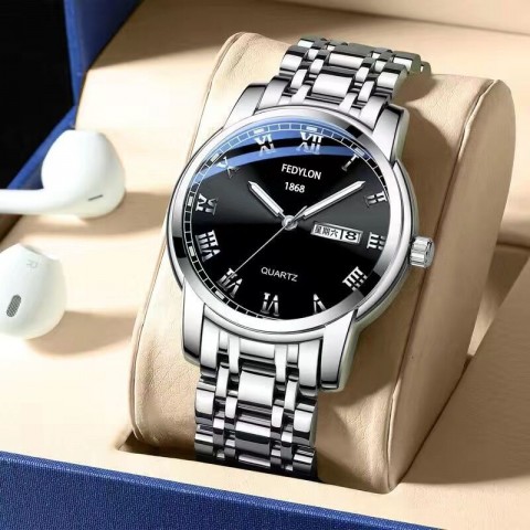 Roman steel strap watch mens quartz dual calendar waterproof mens watch