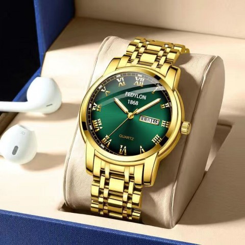 Roman steel strap watch mens quartz dual calendar waterproof mens watch